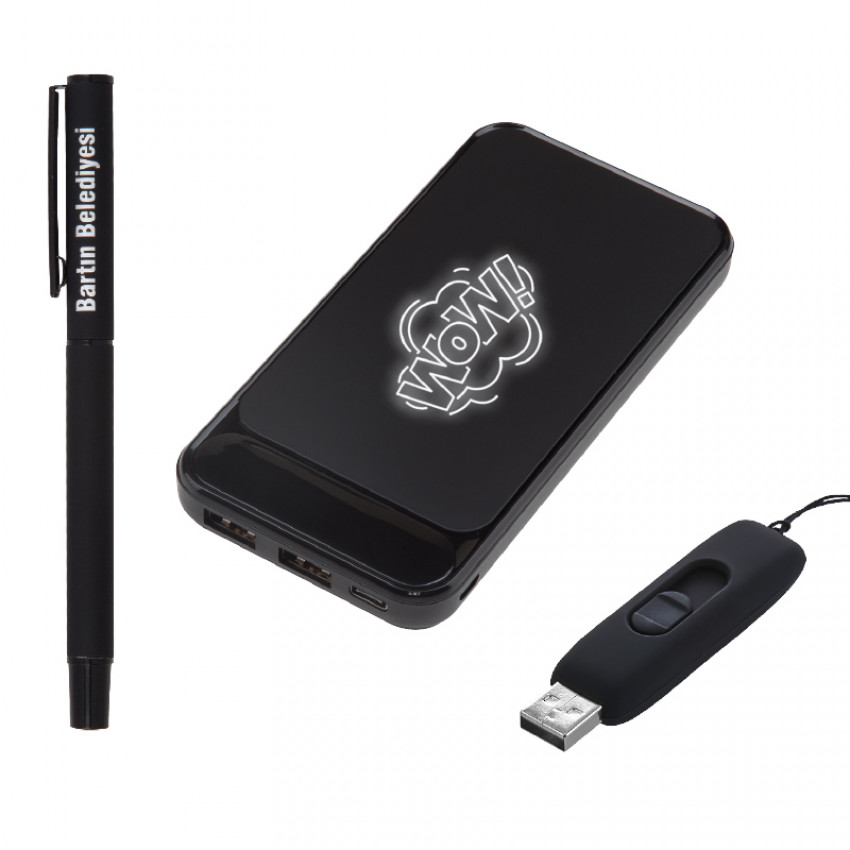 5057 Hediyelik Set - Led işıklı 10.000Mah Powerbank - Led işıklı Usb Bellek Led işıklı Rubber Metal Kalem